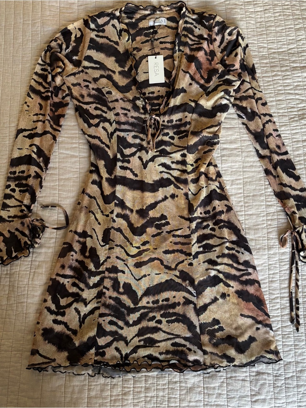 RESA Brown & Black Tiger-Print Long Sleeve Tie-Front Dress